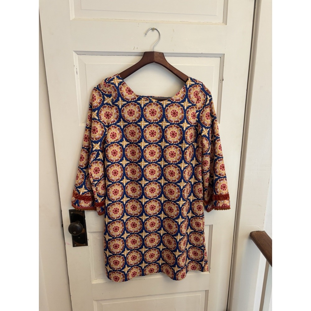 Uncle Frank Women's Blue Floral Shift Dress 3/4 Sleeve Fringe Velvet Size XS